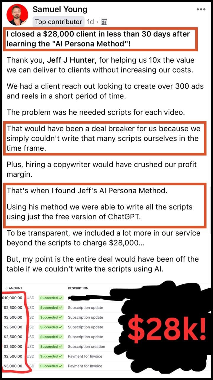 Samuel Young's Facebook post: I closed a $28,000 client in less than 30 days after learning the AI Persona Method, with the payment ledger showing $28k
