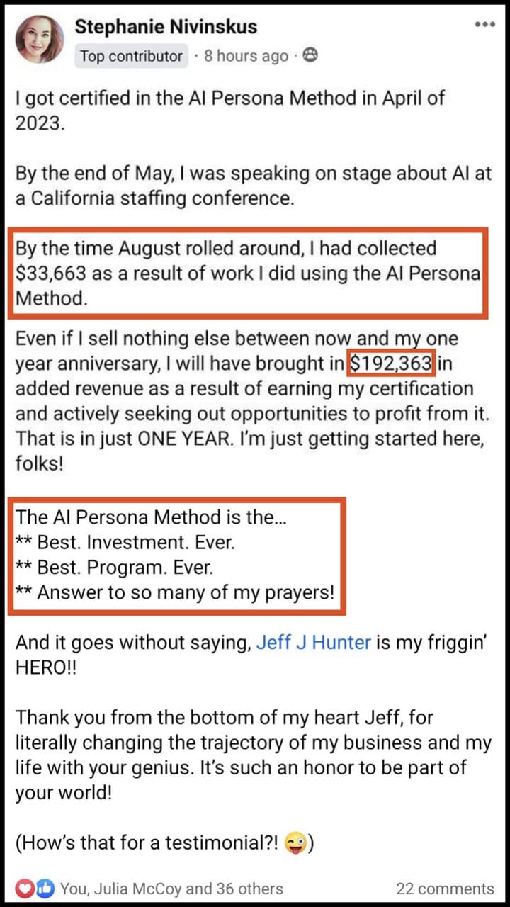 Stephanie Nivinskus's Facebook post: certified in the AI Persona Method in April 2023, $192,363 in added revenue within one year