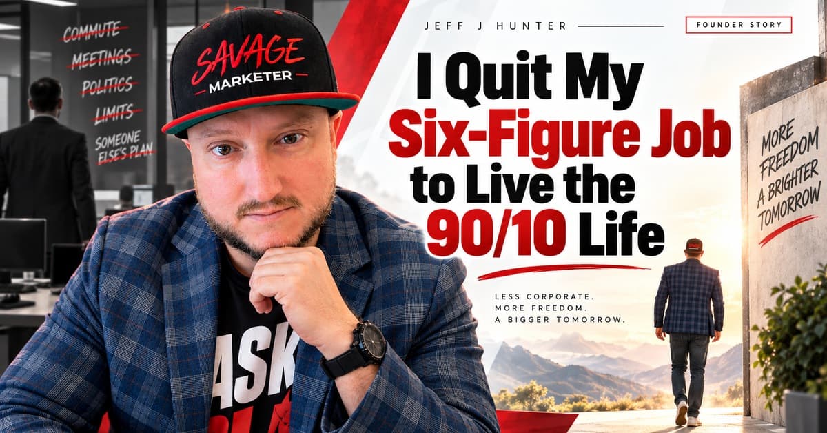 I Quit My Six-Figure Job to Live the 90/10 Life. Jeff J Hunter beside a figure walking out of an office toward open mountains, with commute, meetings, politics and limits crossed out