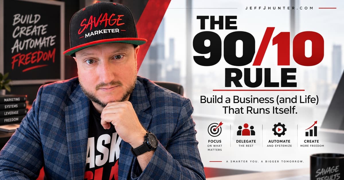 Jeff J Hunter in a Savage Marketer cap at his desk beside the four steps of the 90/10 Rule: focus on what matters, delegate the rest, automate and systemize, create more freedom