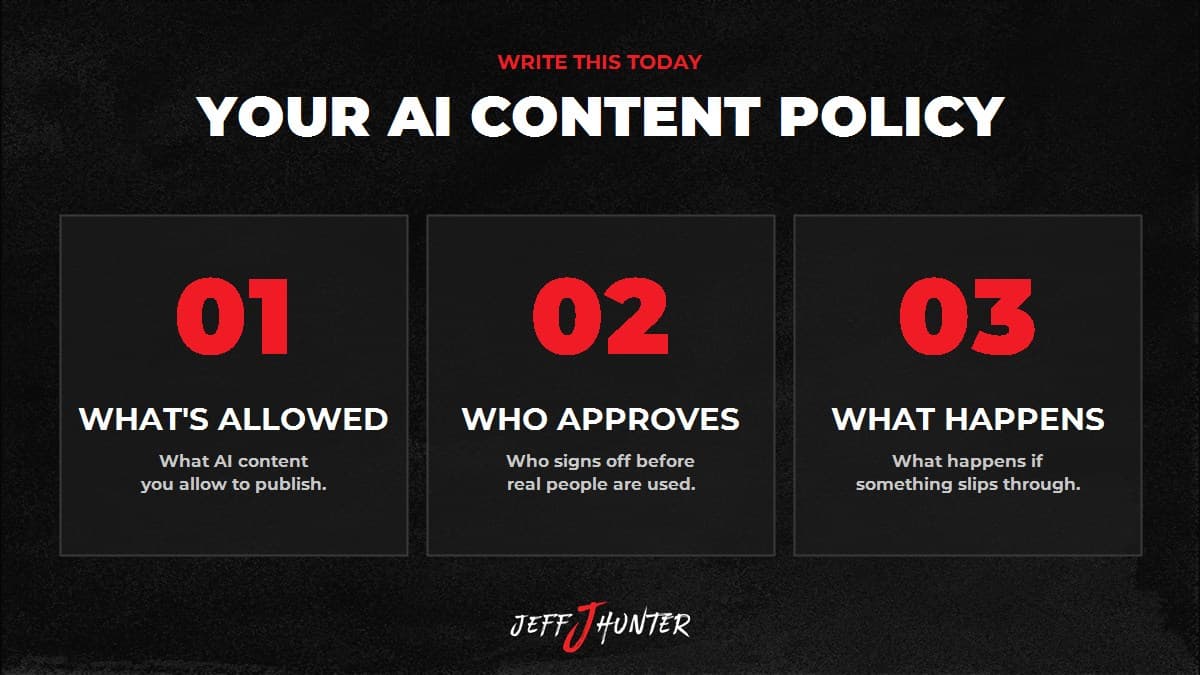 Your AI content policy: what's allowed, who approves, what happens if something slips through