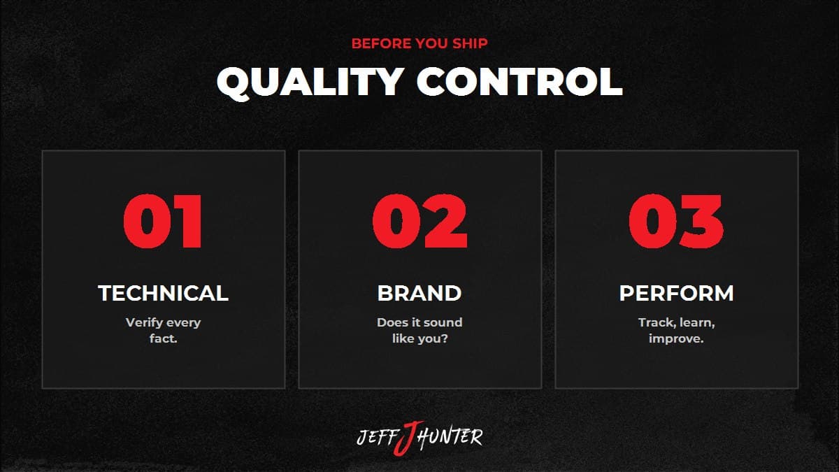 The AI content quality control framework, three filters before you ship: Technical (verify facts), Brand (does it sound like you), Performance (track and improve)