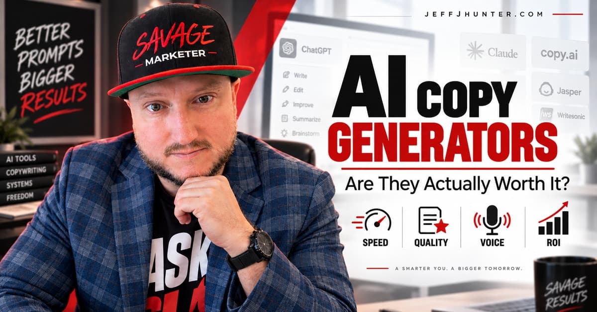 AI Copy Generators: Are They Actually Worth It? Jeff J Hunter beside ChatGPT, Claude, Copy.ai, Jasper and Writesonic logos and four icons: speed, quality, voice, ROI