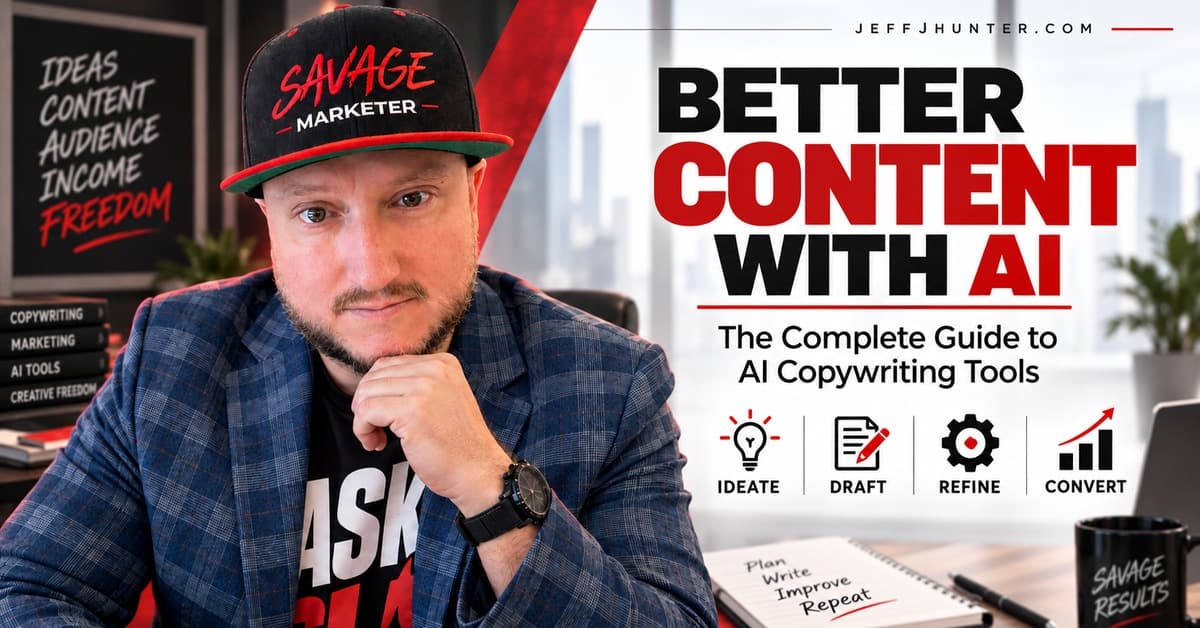 Better Content With AI: The Complete Guide to AI Copywriting Tools. Jeff J Hunter beside a notepad reading plan, write, improve, repeat and four icons: ideate, draft, refine, convert