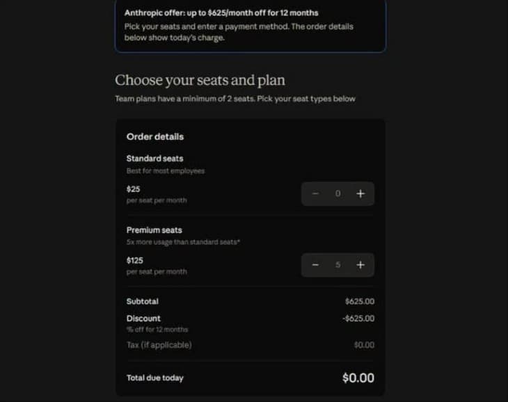 Claude Team checkout with the Anthropic offer of up to $625 a month off for 12 months: 5 Premium seats at $125 per seat per month, subtotal $625.00, discount -$625.00, total due today $0.00