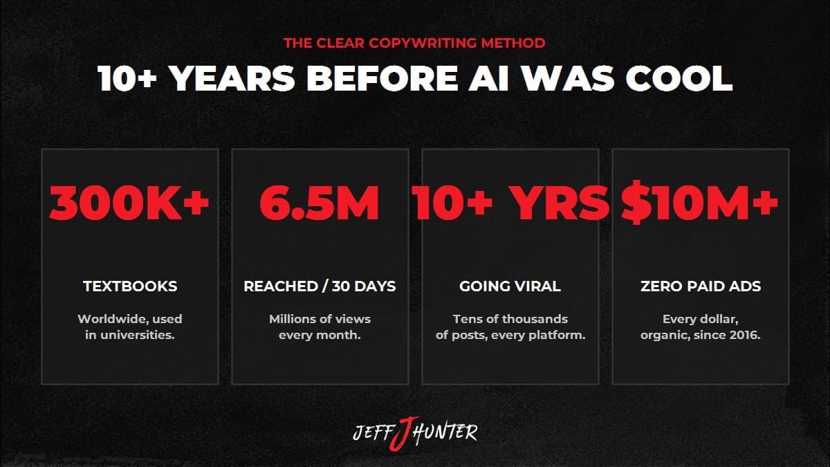 The CLEAR Copywriting Method: 300K+ textbooks, 6.5M reached in 30 days, 10+ years going viral, $10M+ with zero paid ads