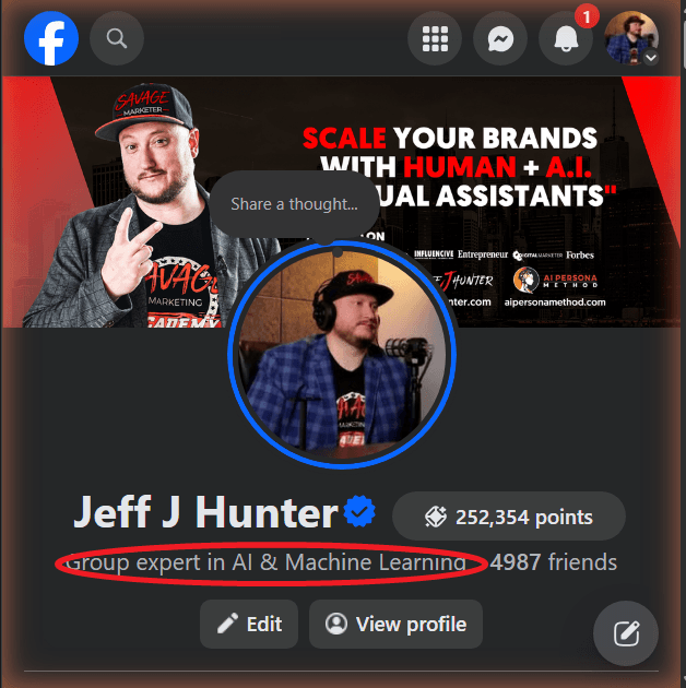 Jeff J Hunter's Facebook profile showing Group expert in AI & Machine Learning and 252,354 points