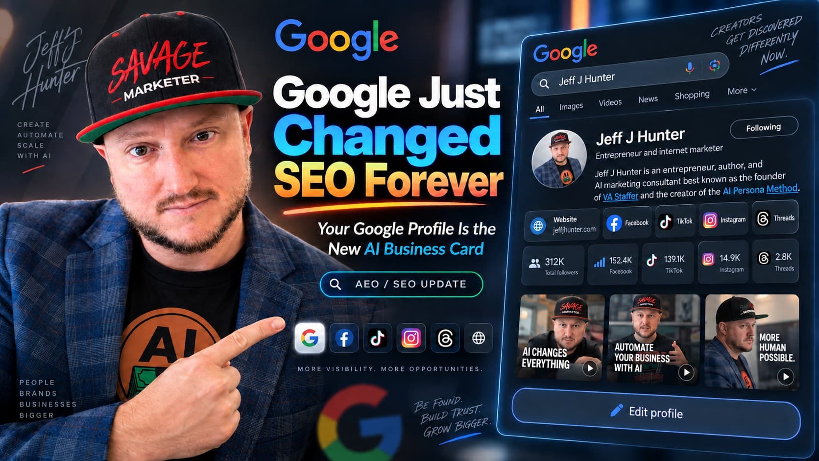 Jeff J Hunter pointing at a mockup of his Google Search profile, headlined Google Just Changed SEO Forever with the subhead Your Google Profile Is the New AI Business Card. The panel shows linked Website, Facebook, TikTok, Instagram and Threads accounts and follower counts of 312K total, 152.4K Facebook, 139.1K TikTok, 14.9K Instagram and 2.8K Threads