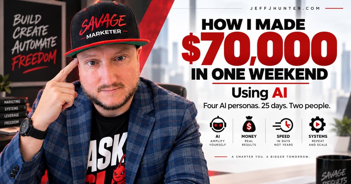 How I Made $70,000 in One Weekend Using AI. Jeff J Hunter beside four icons for AI, money, speed and systems, with the note: four AI personas, 25 days, two people