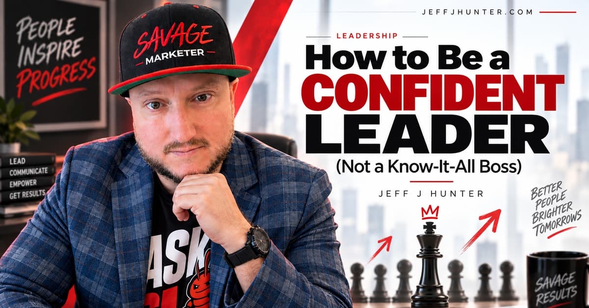 How to Be a Confident Leader, Not a Know-It-All Boss. Jeff J Hunter beside a crowned chess king standing above a row of pawns, with the note: better people, brighter tomorrows