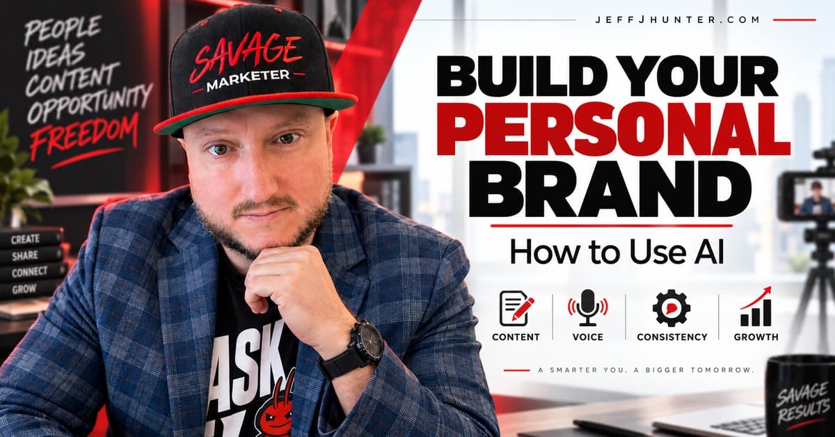 Build Your Personal Brand: How to Use AI. Jeff J Hunter beside a camera rig and four icons: content, voice, consistency, growth