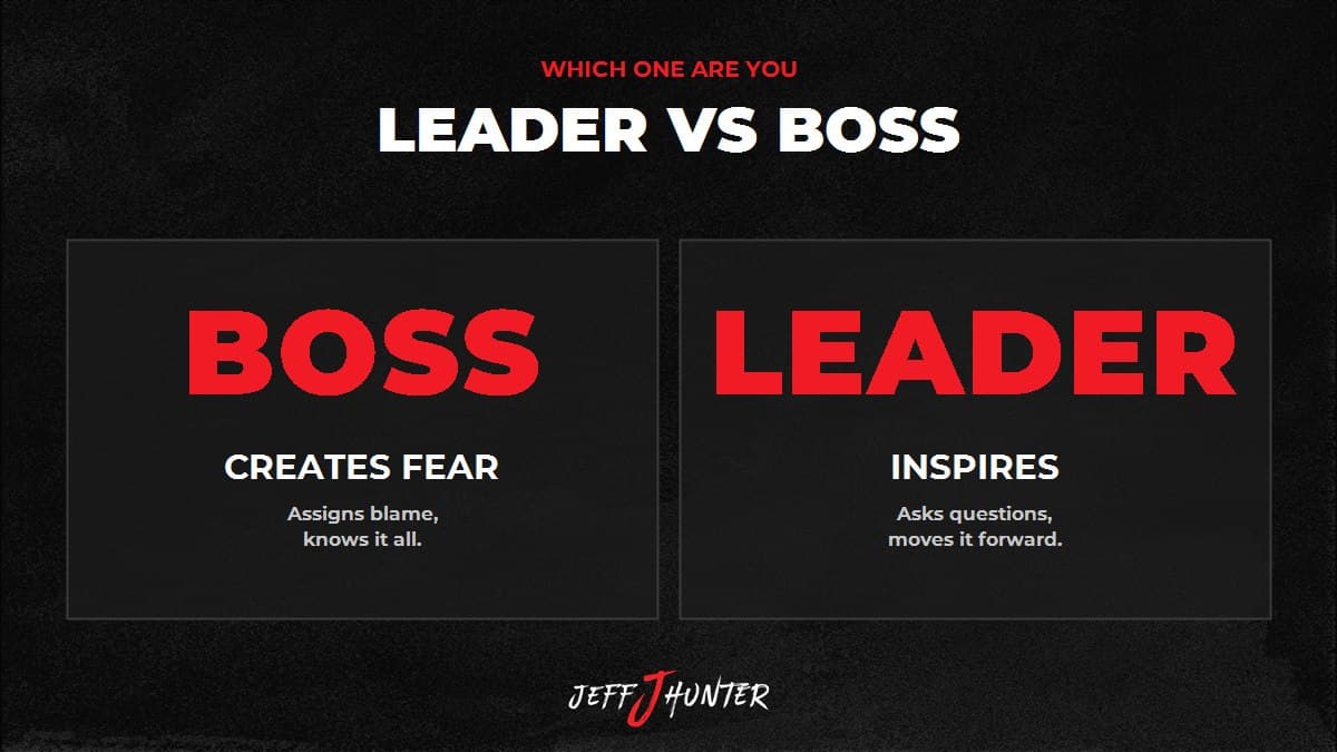 Leader versus boss: a boss creates fear, assigns blame and knows it all, a leader inspires, asks questions and moves it forward
