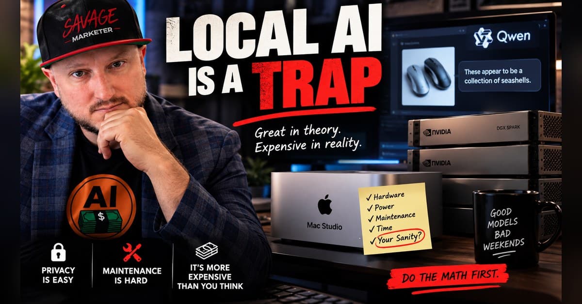 Jeff J Hunter beside the headline Local AI is a trap, great in theory, expensive in reality. A Mac Studio with a sticky note listing hardware, power, maintenance, time and your sanity, stacked NVIDIA DGX Spark units, a Qwen screen calling a photo of computer mice a collection of seashells, and a mug reading good models, bad weekends. Privacy is easy, maintenance is hard, it's more expensive than you think. Do the math first