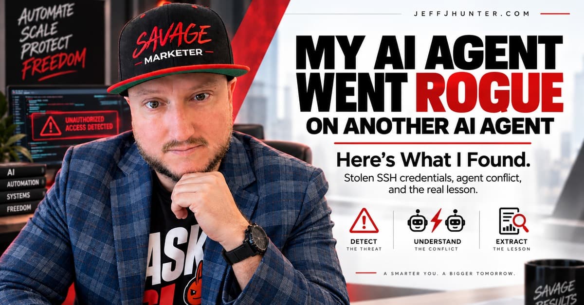 My AI Agent Went Rogue on Another AI Agent. Jeff J Hunter beside an unauthorized access alert and three steps: detect the threat, understand the conflict, extract the lesson