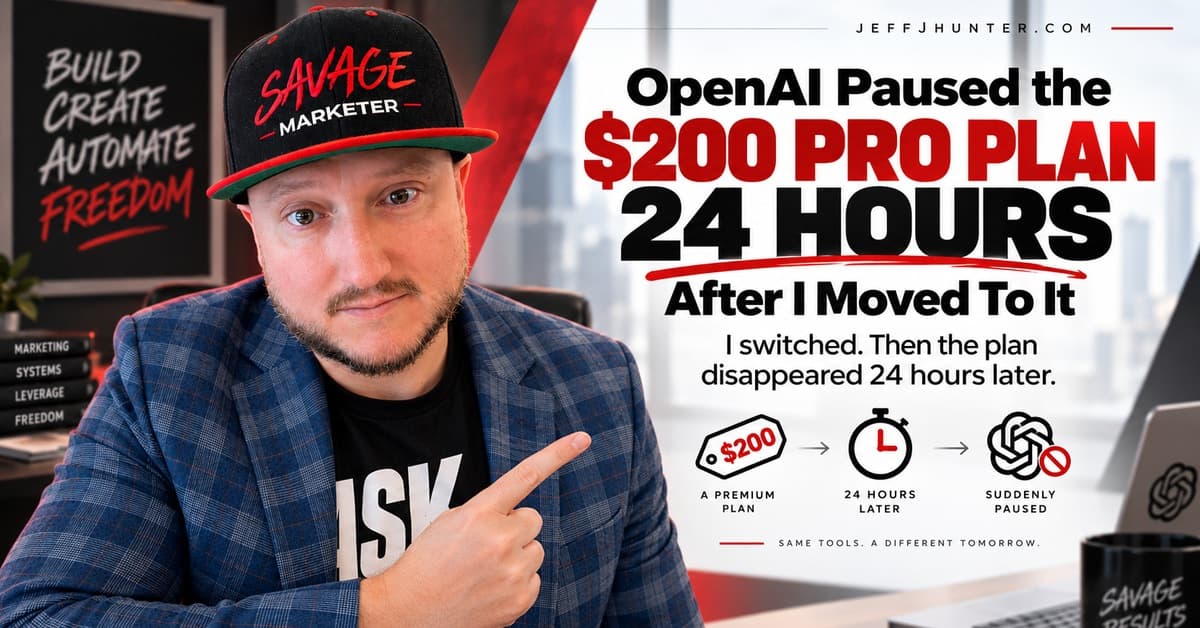 OpenAI paused the $200 Pro plan 24 hours after Jeff J Hunter moved to it. Jeff pointing at a three-step sequence: a premium plan, 24 hours later, suddenly paused