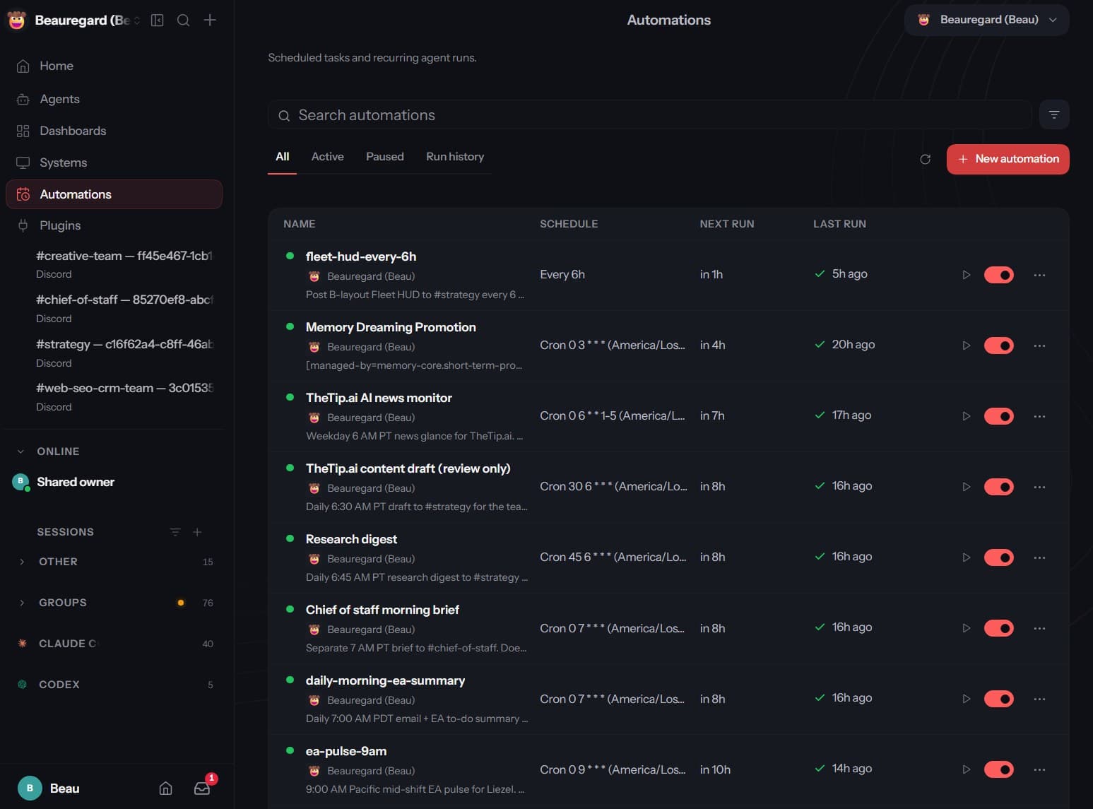 OpenClaw Automations page listing Beau's scheduled jobs: fleet HUD, news monitor, content draft, research digest, chief of staff brief and more, all active