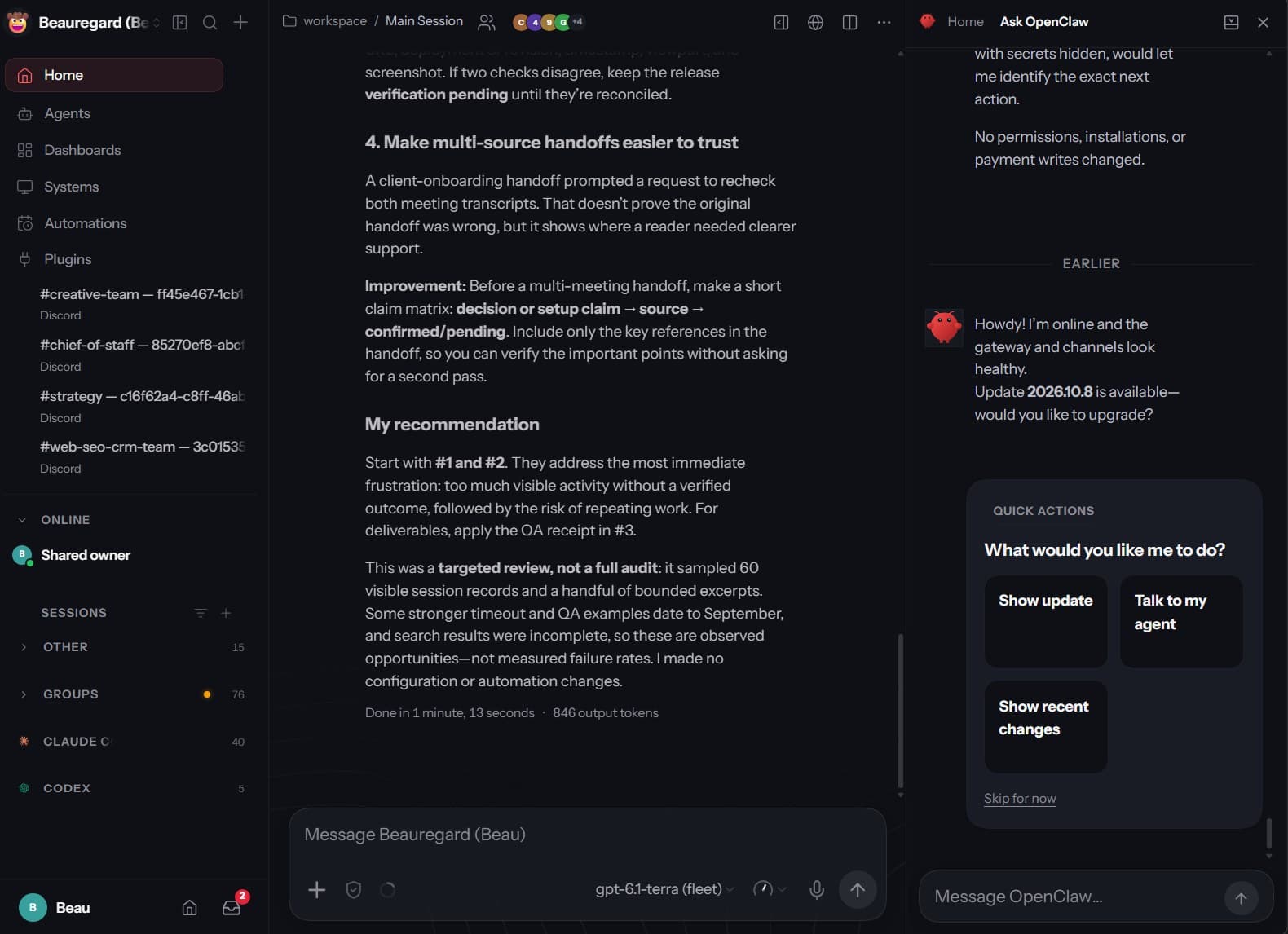 OpenClaw Control UI: Jeff's AI Employee Beau in the main session, Discord channels and sessions on the left, the Ask OpenClaw helper on the right