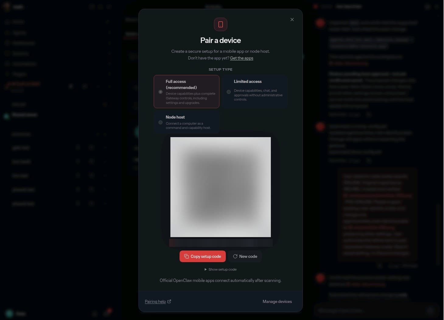 OpenClaw Pair a device dialog with full access, limited access and node host options; the QR code is blurred