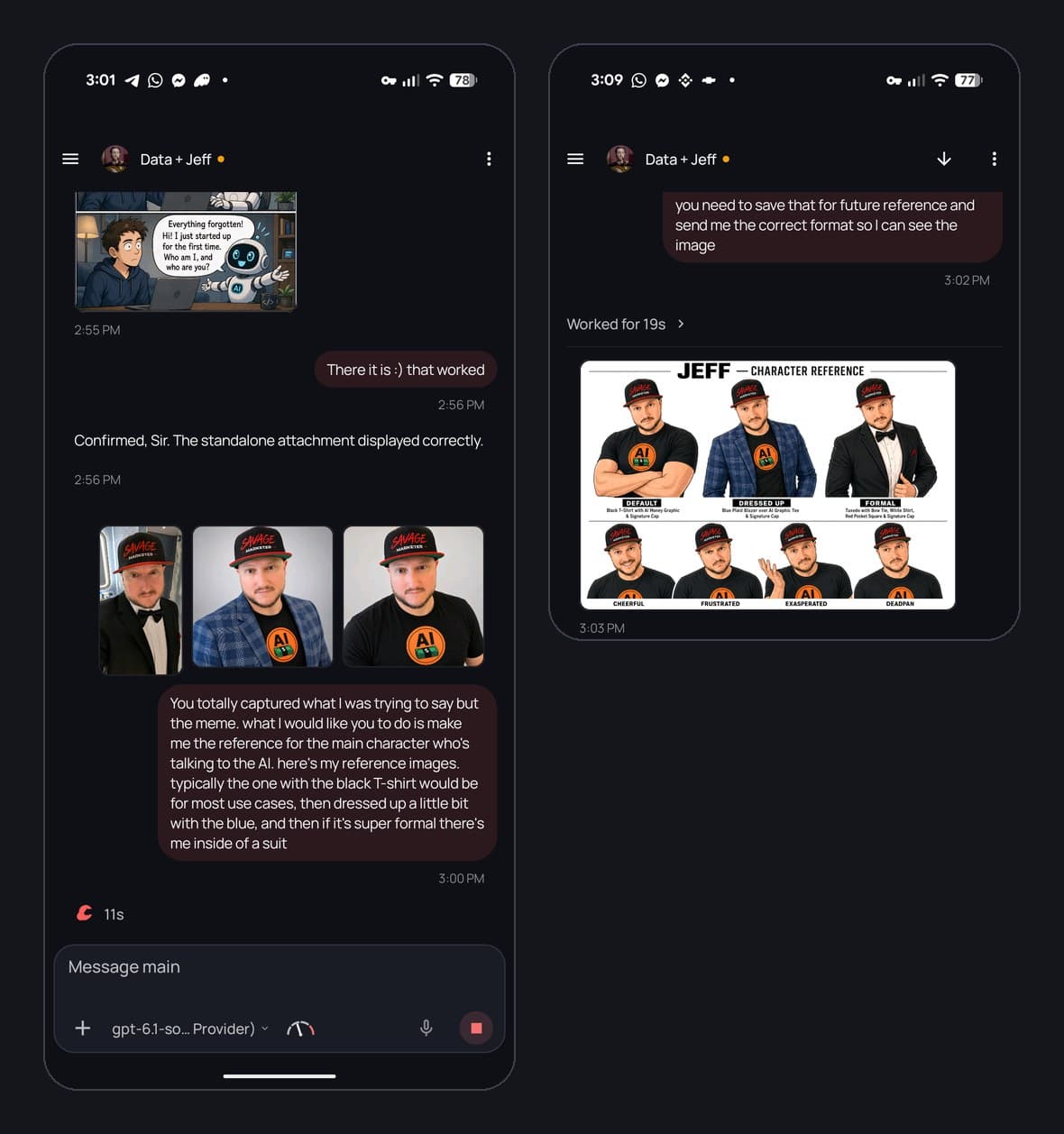 OpenClaw Android chat: Jeff sends three photos of himself and asks for a character reference, and the agent replies with a sheet showing default, dressed up and formal outfits plus four expressions