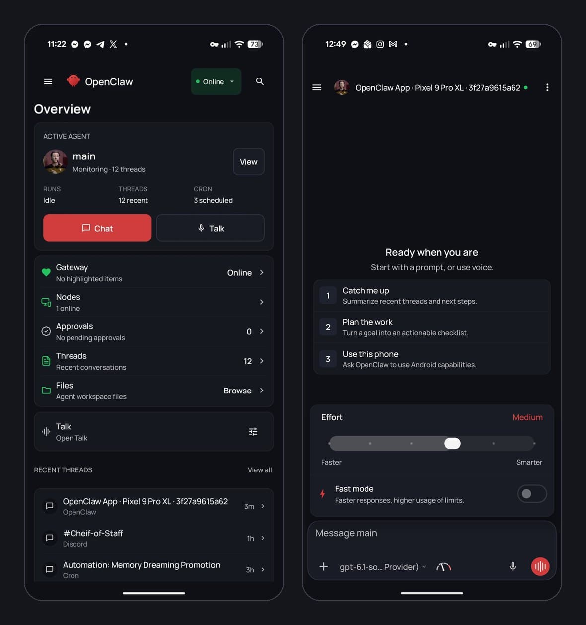 Two OpenClaw Android app screens: the overview with the active agent, gateway, approvals, threads and files, and a new chat with suggested prompts, an effort slider and voice input