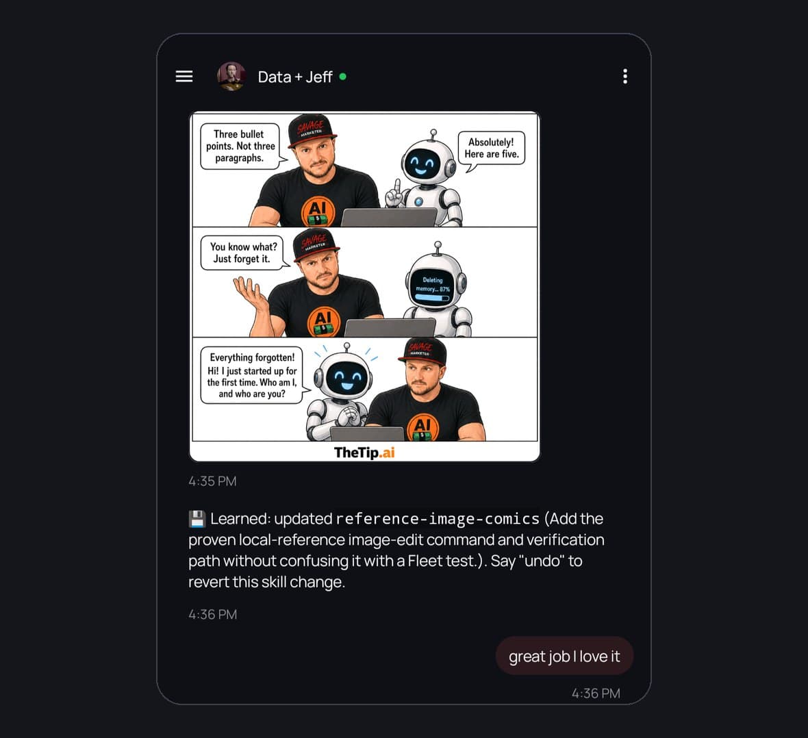 OpenClaw Android chat showing a three-panel TheTip.ai comic of Jeff and a robot that forgets everything, followed by the agent's note: Learned, updated reference-image-comics, say undo to revert this skill change