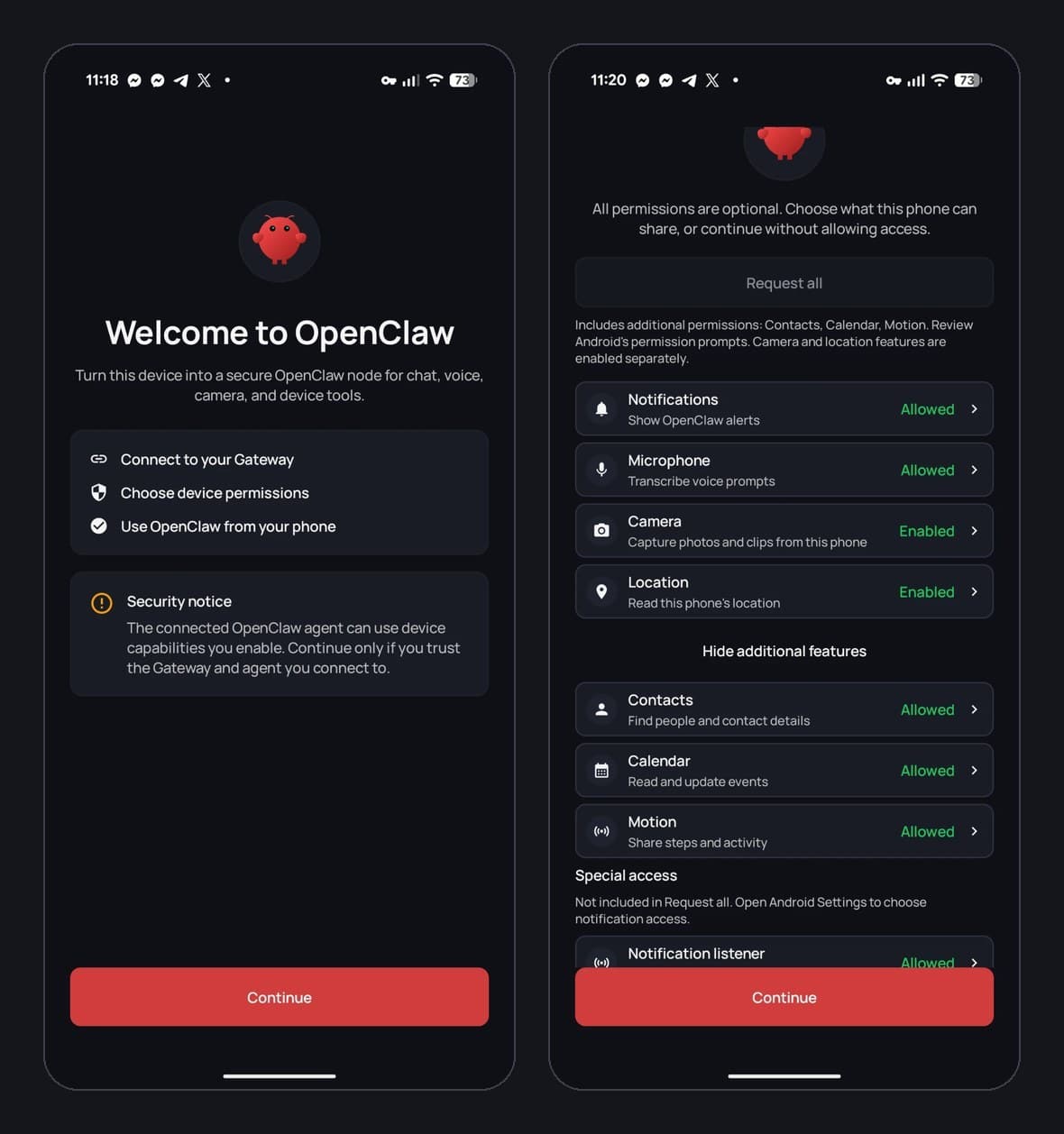 Two OpenClaw Android app screens: the welcome screen and the optional device permissions