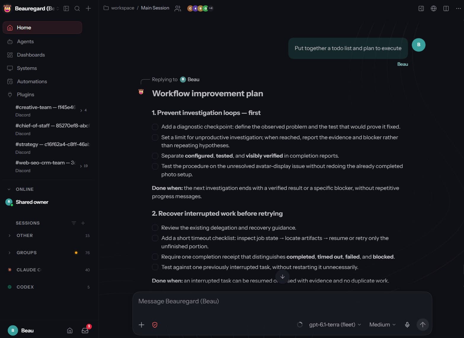 OpenClaw chat showing a workflow improvement plan with checkboxes and done-when criteria
