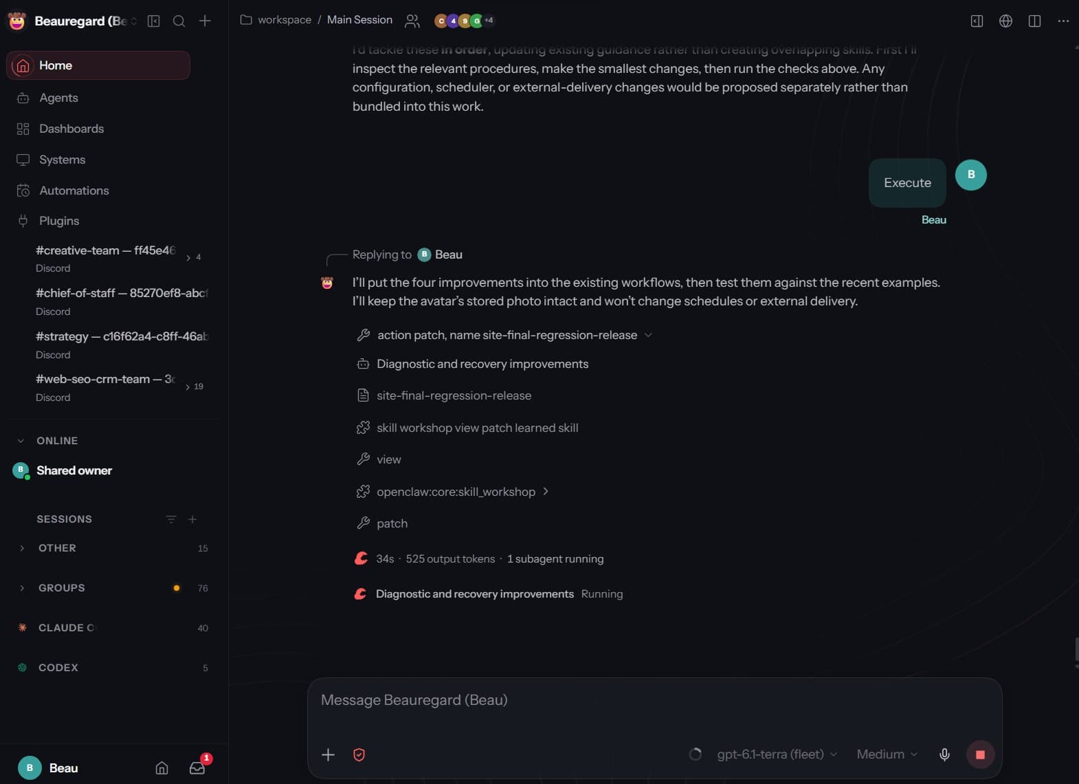 OpenClaw chat after the user typed Execute: tool steps listed and one subagent running Diagnostic and recovery improvements