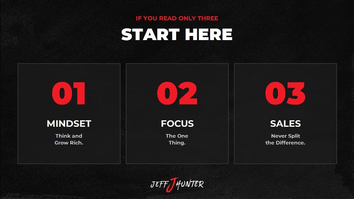 If you read only three: Think and Grow Rich for mindset, The One Thing for focus, Never Split the Difference for sales