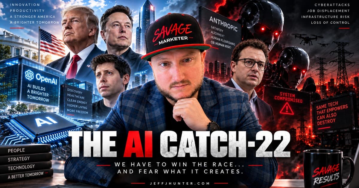 The AI Catch-22: we have to win the race and fear what it creates. An illustration of Jeff J Hunter between a bright side showing innovation, productivity and a stronger America, and a dark side showing cyberattacks, job displacement, infrastructure risk and loss of control