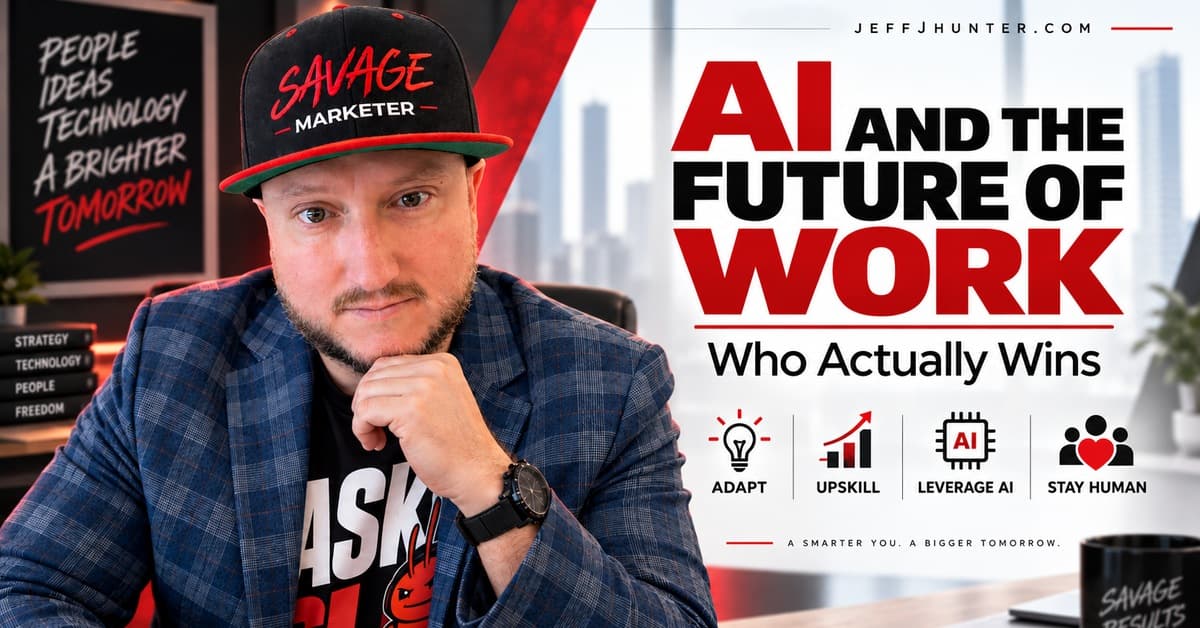 AI and the Future of Work: Who Actually Wins. Jeff J Hunter beside four icons: adapt, upskill, leverage AI, stay human