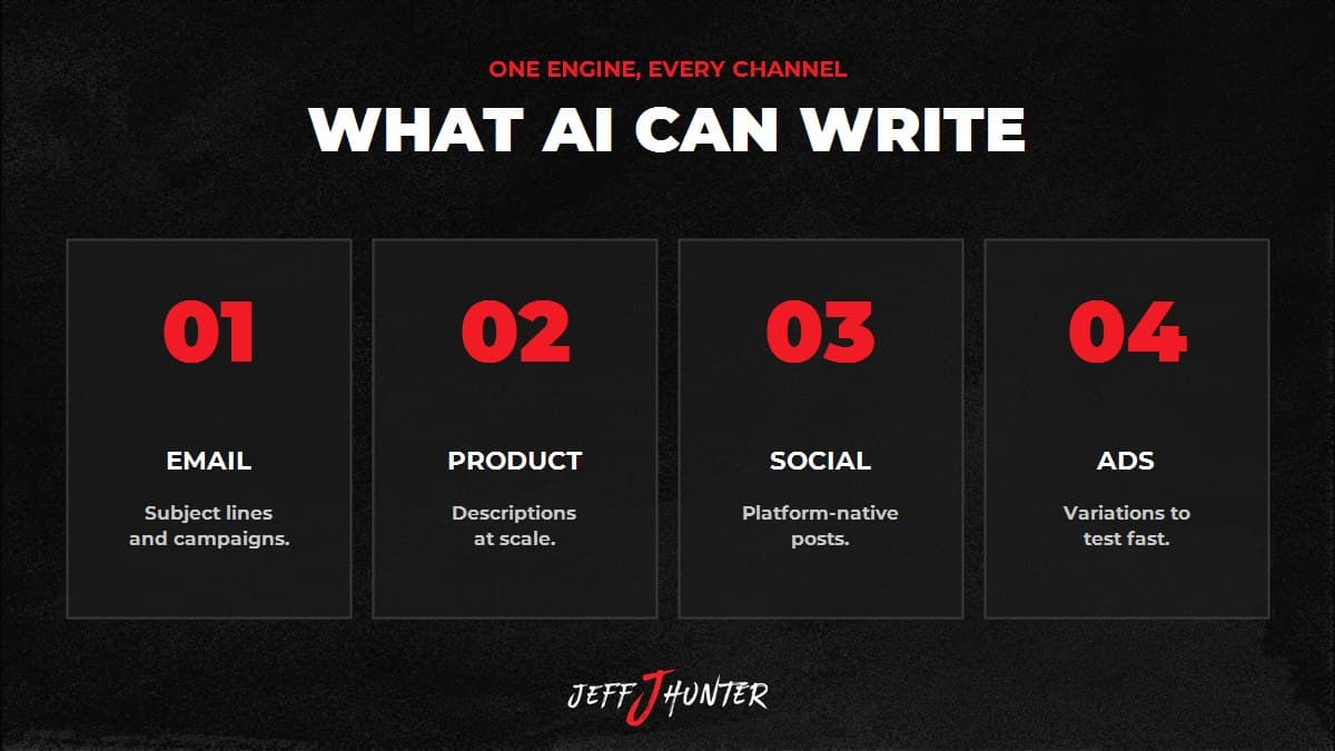 What AI copywriting tools create: email campaigns, product descriptions, social posts, and ad variations
