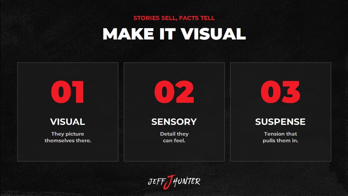 What makes a story stick: it is visual, it is sensory, and it carries suspense