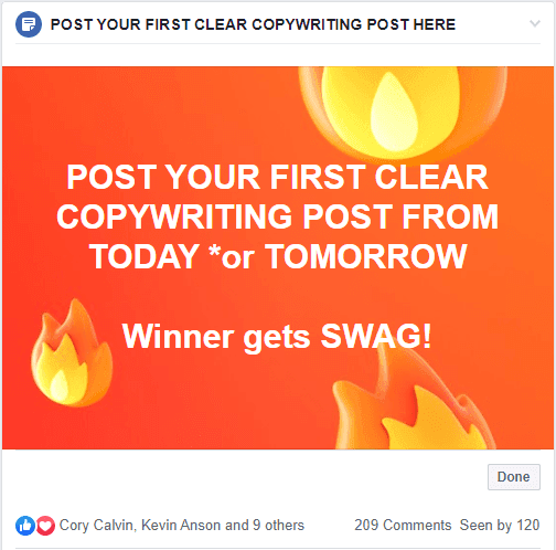 The Social Copy Secrets group post asking students to post their first CLEAR copywriting post: 209 comments