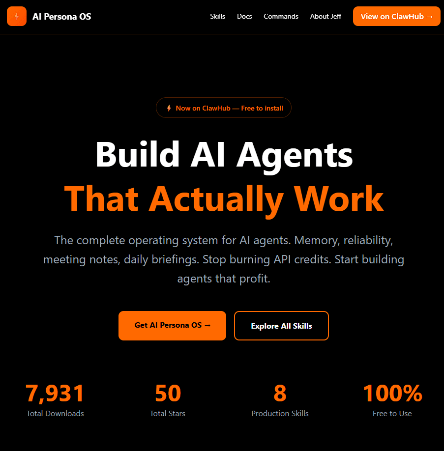 AI Persona OS live on ClawHub with 7,931 downloads and 50 stars