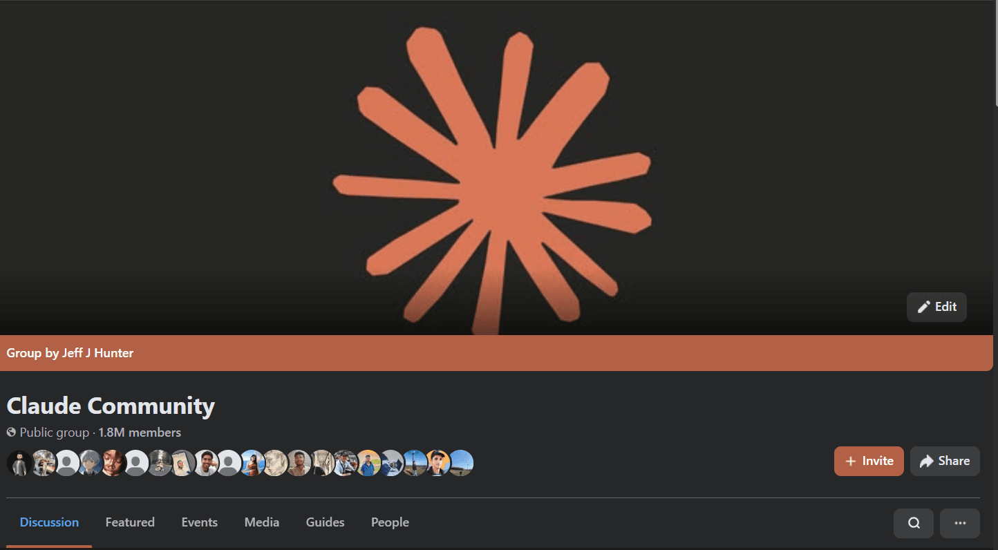 The Claude Community Facebook group header: public group by Jeff J Hunter with 1.8M members