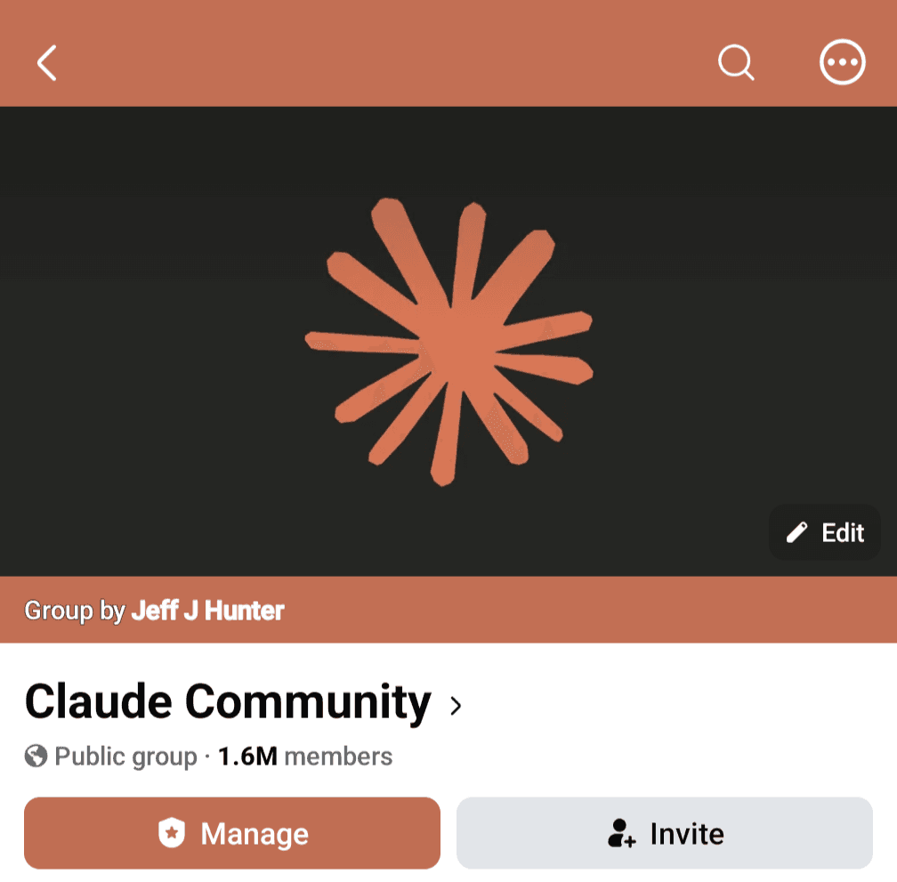 The Claude Community Facebook group header: public group with 1.6M members, created by Jeff J Hunter