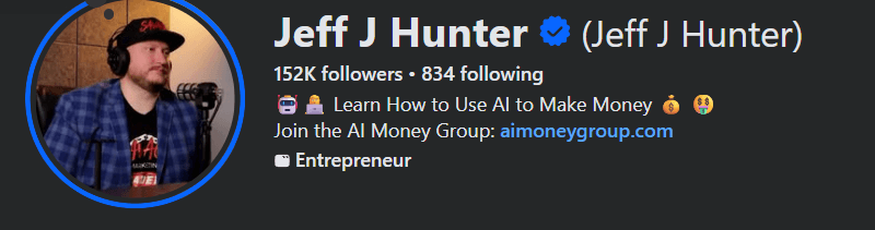 Jeff J Hunter's verified Facebook profile header: 152K followers, 834 following