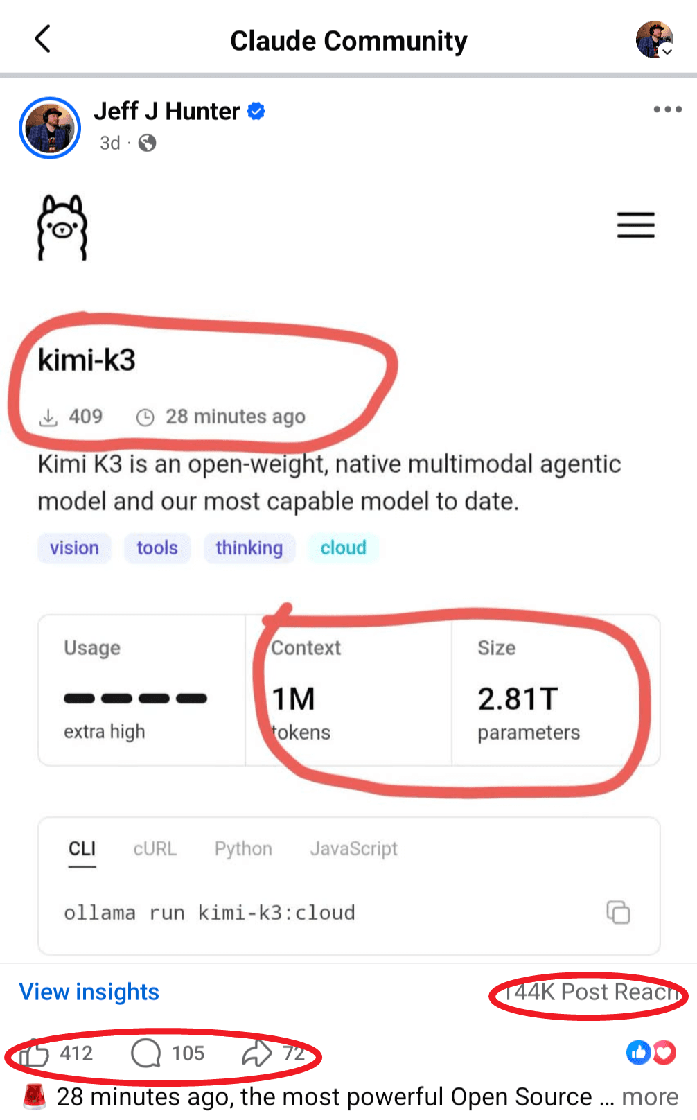 Jeff J Hunter's Kimi K3 post reaching 144K people in the Claude Community
