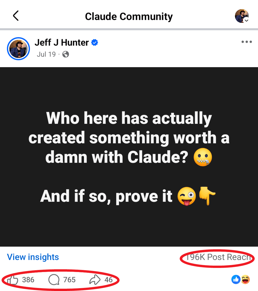 Jeff J Hunter's post in the Claude Community reaching 196K people with 765 comments