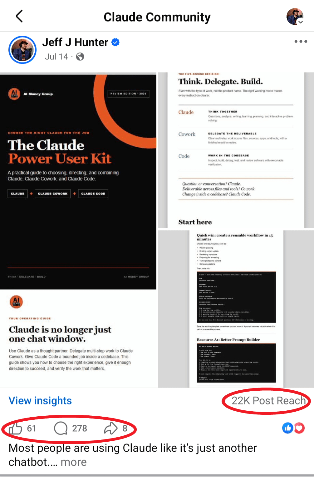 Jeff J Hunter's Claude Power User Kit post in the Claude Community: 22K reach and 278 comments